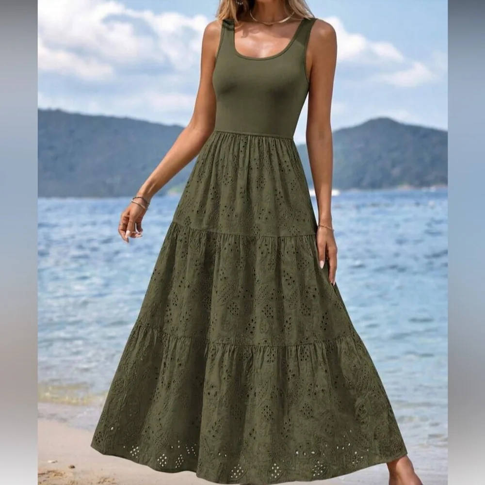 Army Green Tiered Eyelet Maxi Dress - Women